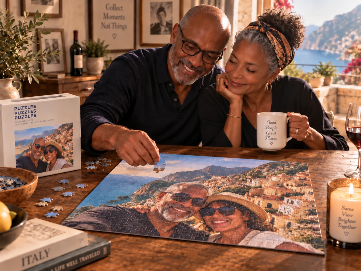 A couple sharing their personalized anniversary puzzle
