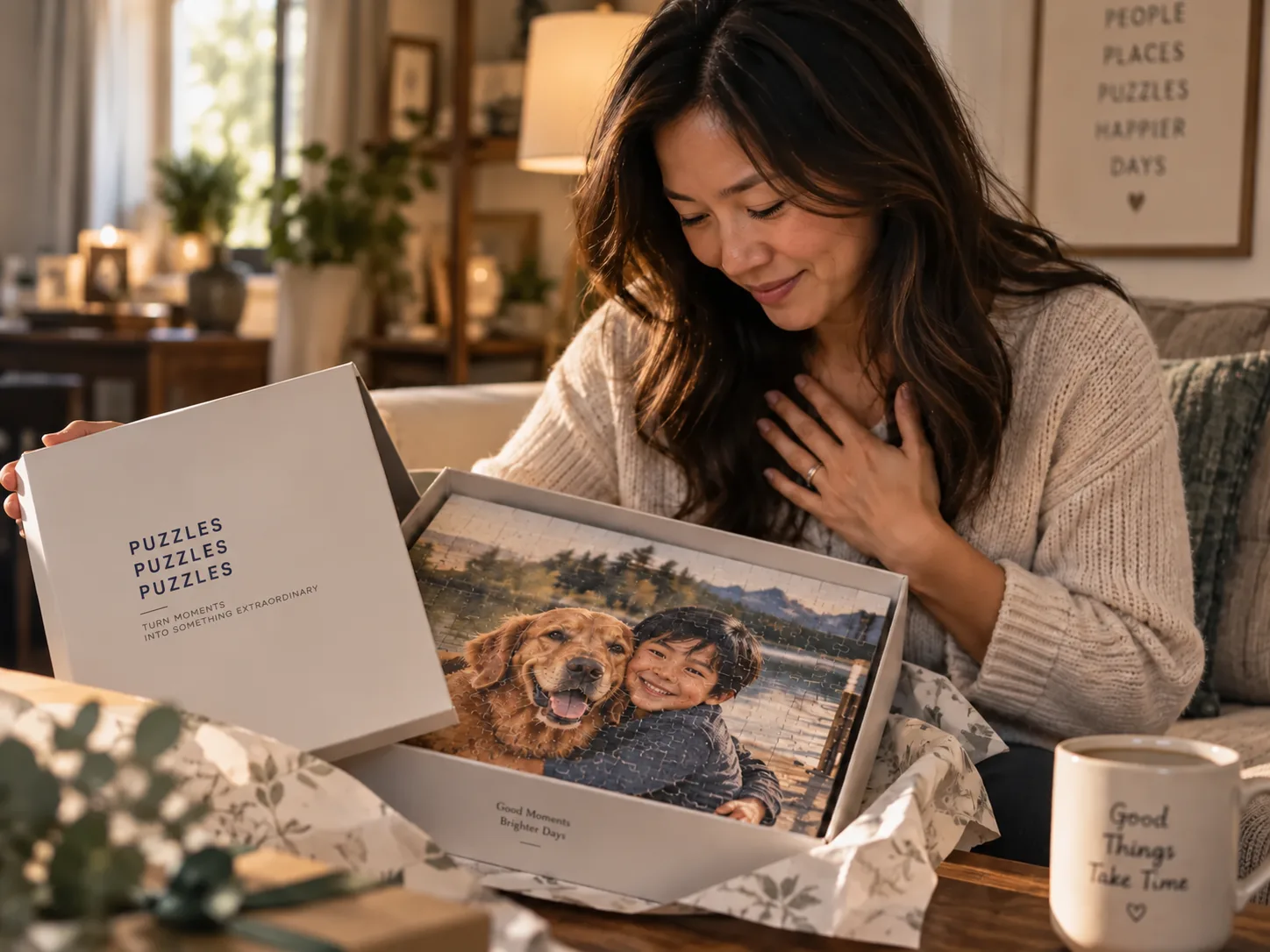 A woman opening a personalized family puzzle as a gift