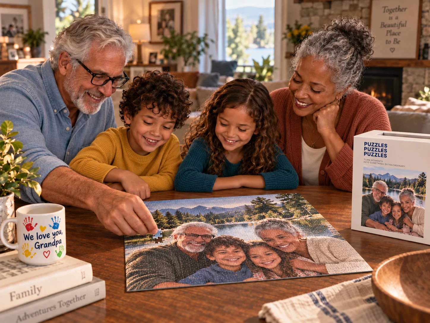 Grandparents and grandchildren gathered around a personalized family puzzle