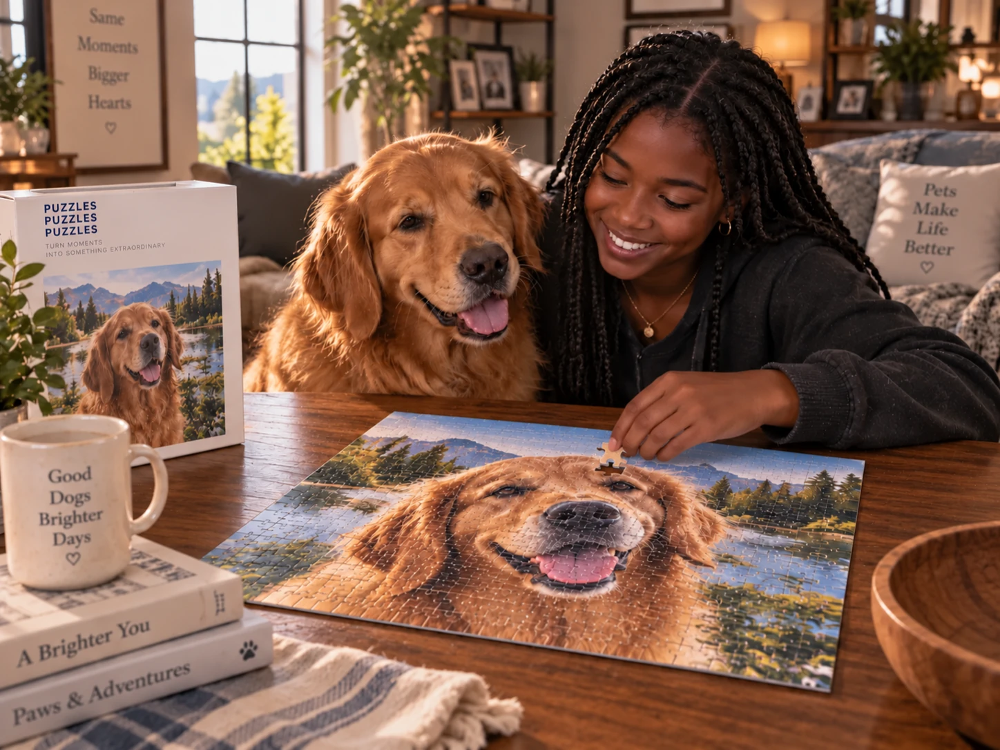 A woman and her golden retriever with a personalized pet puzzle