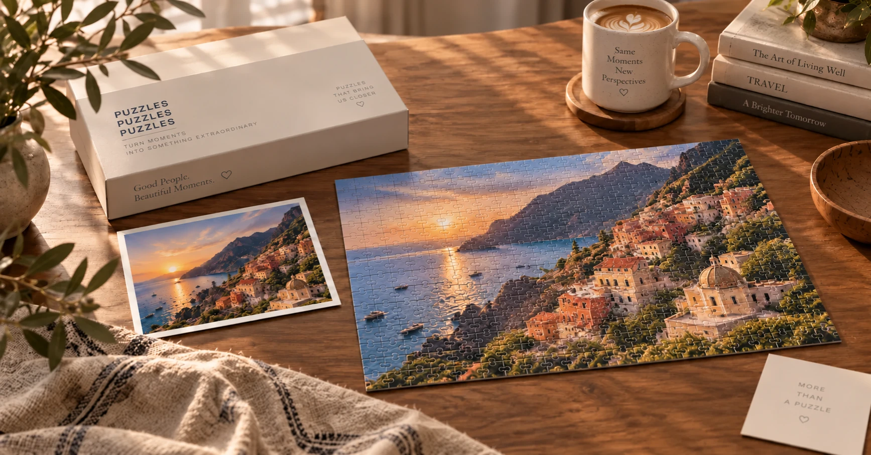 A finished personalized puzzle, its photo, and gift packaging arranged on a warm table
