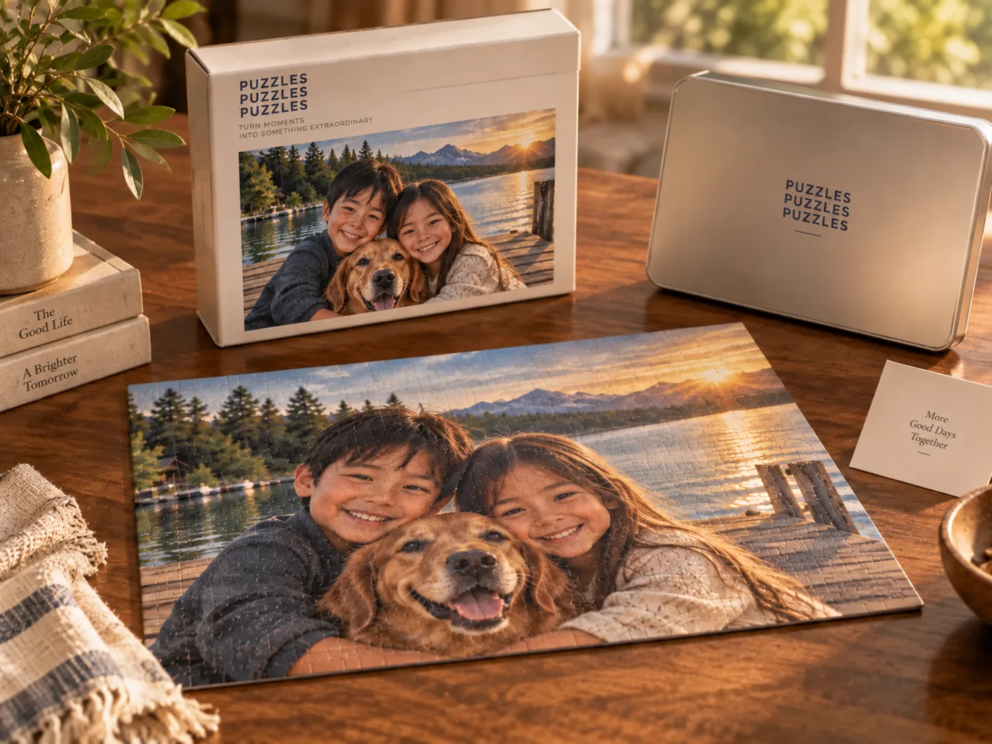 A personalized puzzle beside its understated gift box