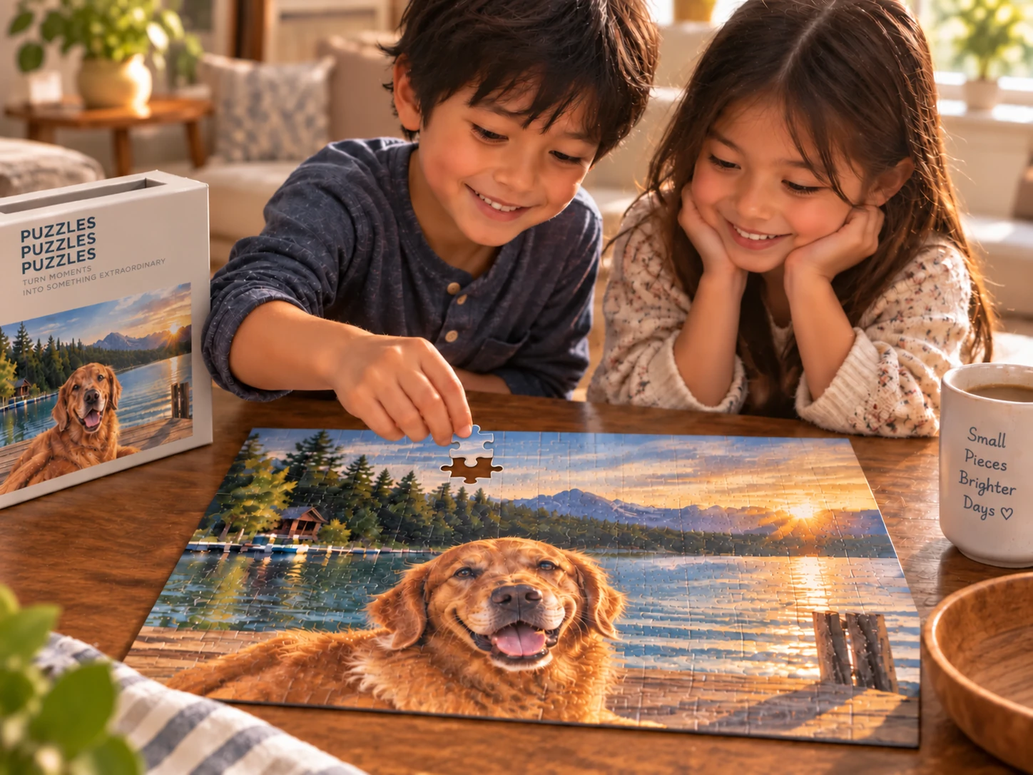 Close-up of a personalized landscape puzzle on a table