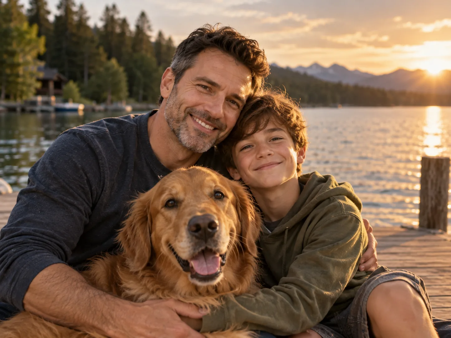 Original lakeside family photo with a father, child, and golden retriever