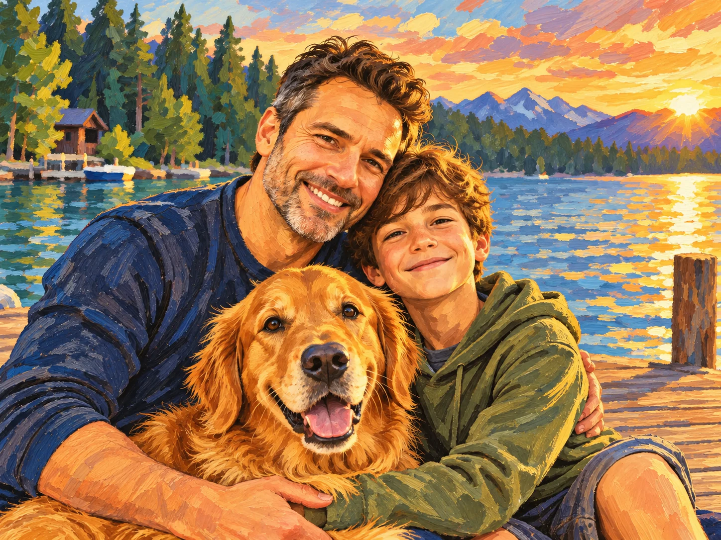 The family photo reimagined as a richly colored storybook scene