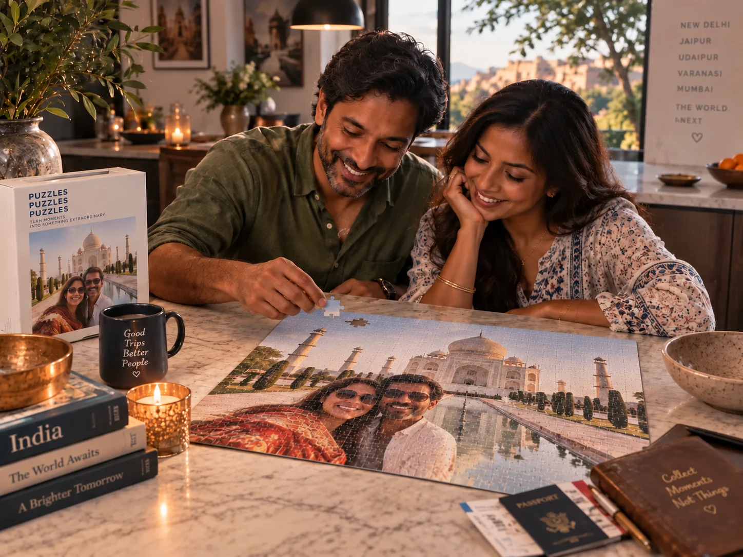 A couple revisiting a favorite trip through their personalized puzzle