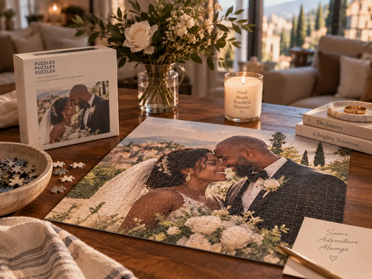 A couple putting together a puzzle made from their wedding photograph